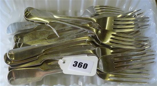 Matched set of 10 Victorian & later silver fiddle pattern dinner forks & a set of 3 similar Victorian forks